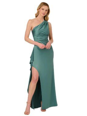 Adrianna Papell Greenslate Asymmetric Evening Dress Formal Wedding Event Size 10